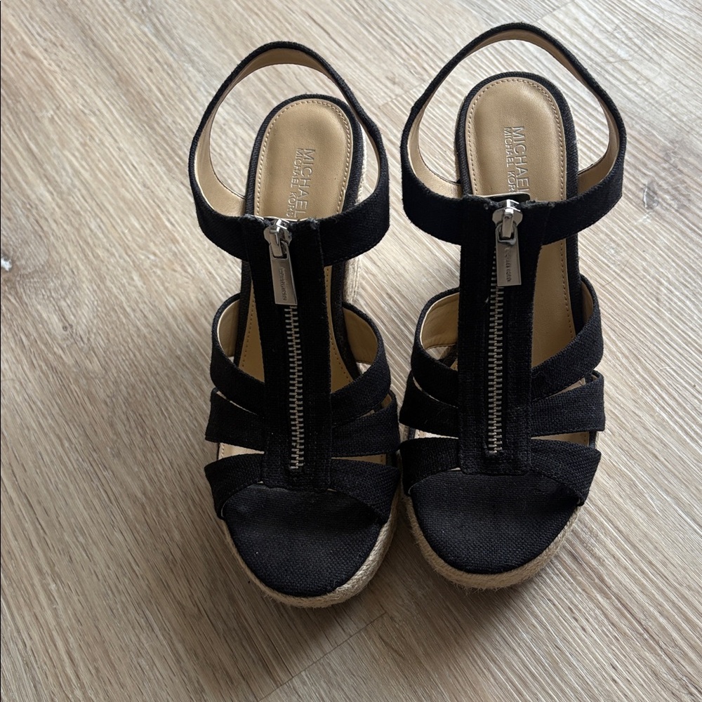 Michael Kors Black and Tan Wedge Sandals - Picture 2 of 9